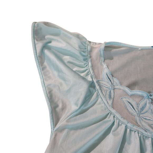 Vintage Light Blue Nightgown With Embroidered Neckline & Flutter Sleeves - Picture 9 of 11